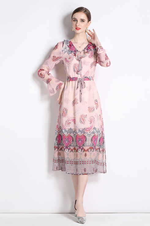 Elegantly Gorgeous French Style Ruffled V-Neck, Women's Elegant Pink Floral, Long Sleeve Office, Holiday, Party Dress